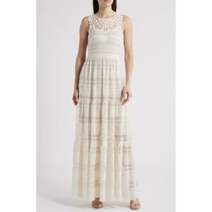 Eliza J Cream Lace Tiered Lace Maxi Dress Sleeveless Boho Size 12 Cottagecore